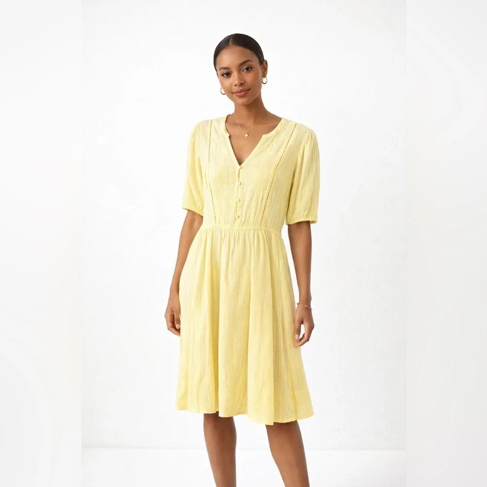 ICHI Yellow Textured Midi Dress Size 36 Button Front Short Sleeve Summer - Picture 1 of 13